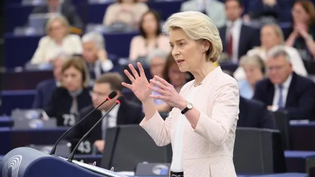 Portrait von Ursula von der Leyen bei ihrer Rede vor dem EU-Parlament, 18. Juli 2024, Straßburg